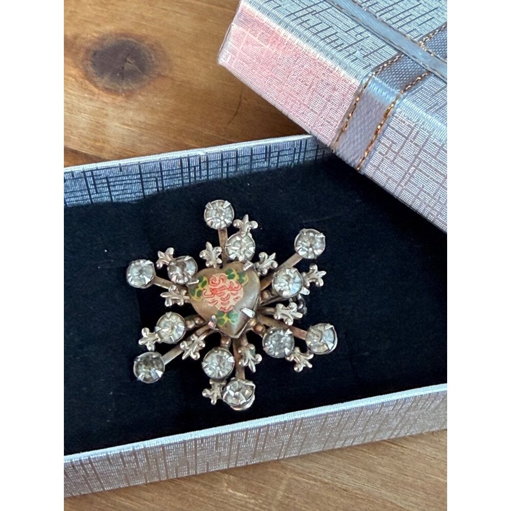 Vintage Snowflake Rhinestone Brooch With Hand-Painted Floral Centerpiece In Gift
